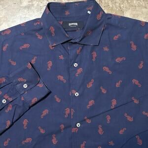 Vilebrequin Shirt Mens Large Blue Seahorses Tropical Long Sleeve Button Twill